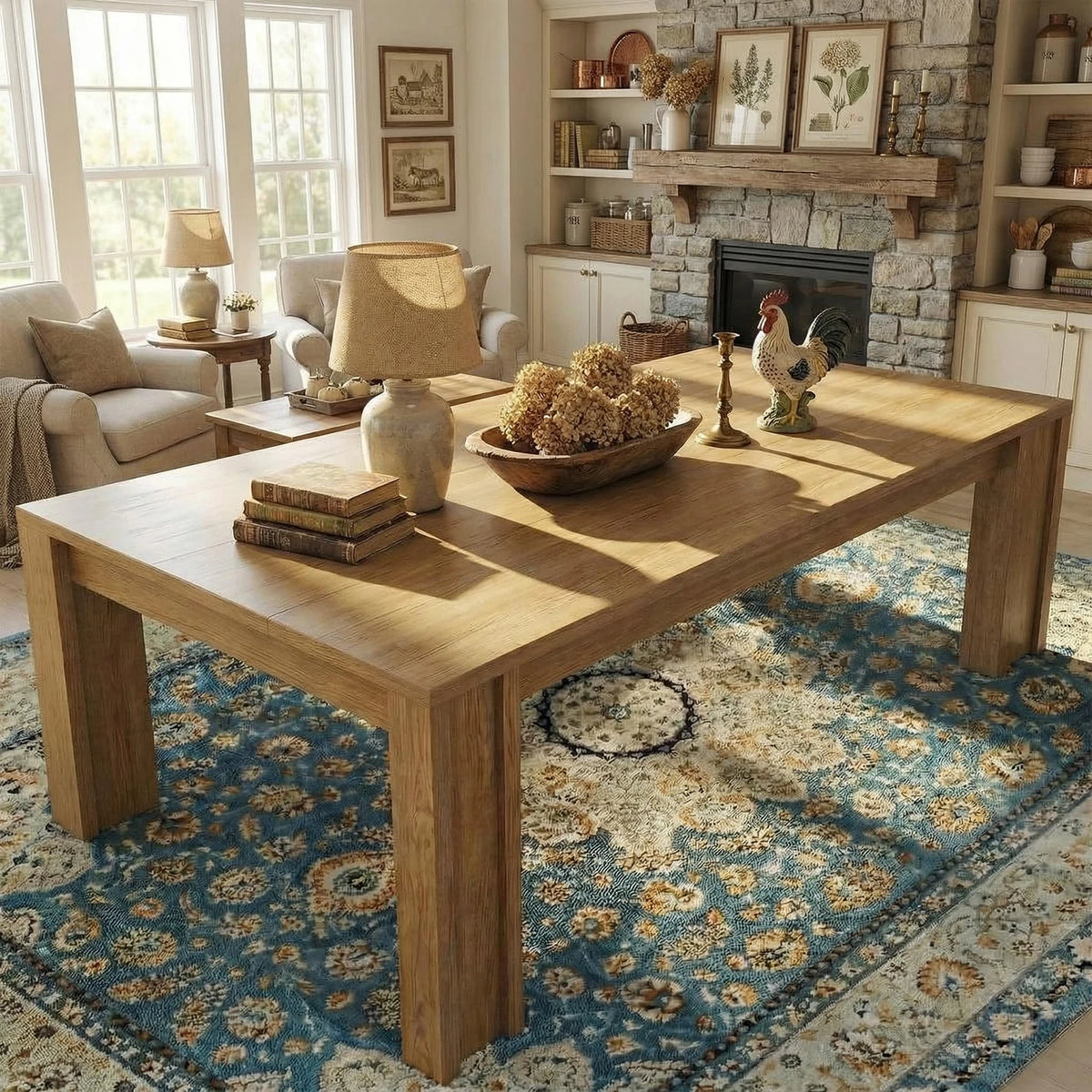HiMiss Farmhouse Rectangular Wood Dining Table With Sturdy Construction