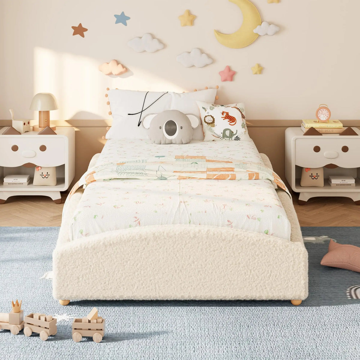 Cloud Design Upholstered Floor Bed for Kids – Soft Soft bear Fabric Low-Profile Daybed with Raised Sides, Educational method-style-inspired Platform Bed for Boys & Girls – Twin/Twin-XL, Pink/Light Grey/Beige