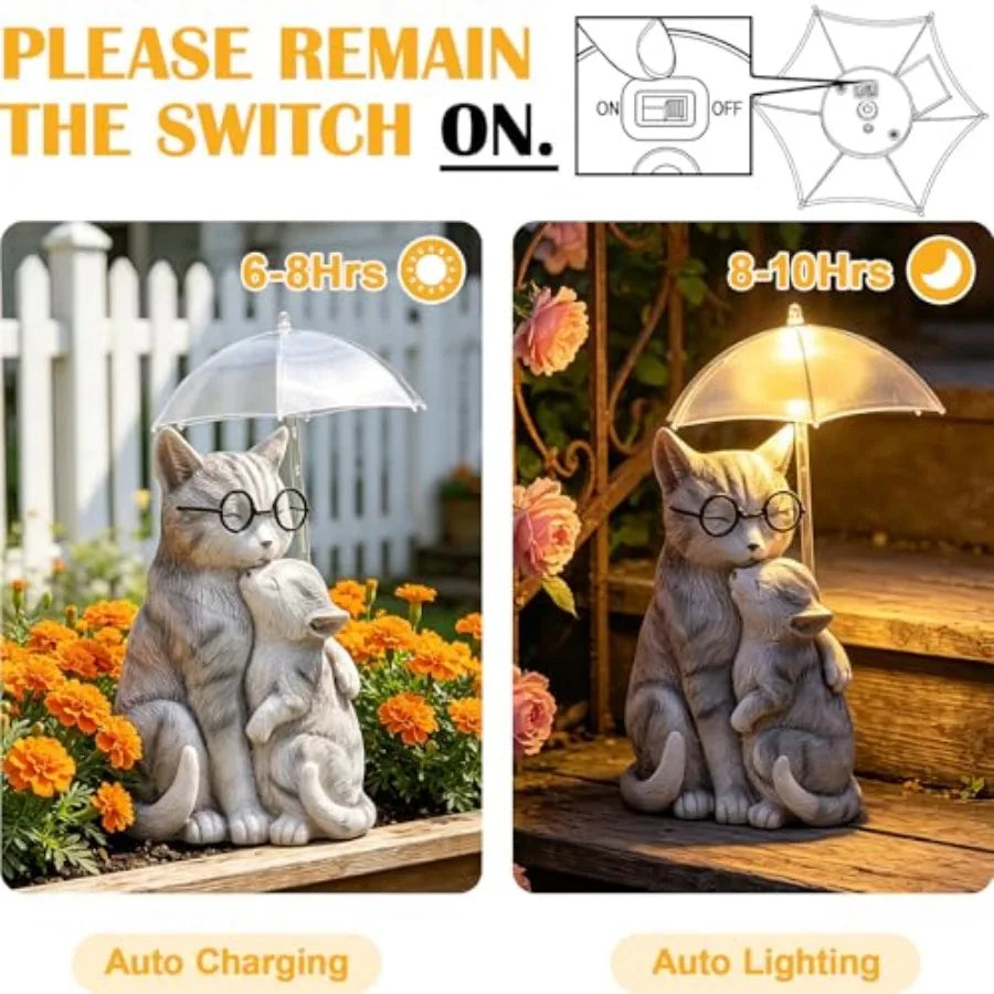Solar Cat Statue Garden Decor, Mother and Baby Kitten with Umbrella LED Light, Loving Cat Figurines Yard Decorations Outdoor fo