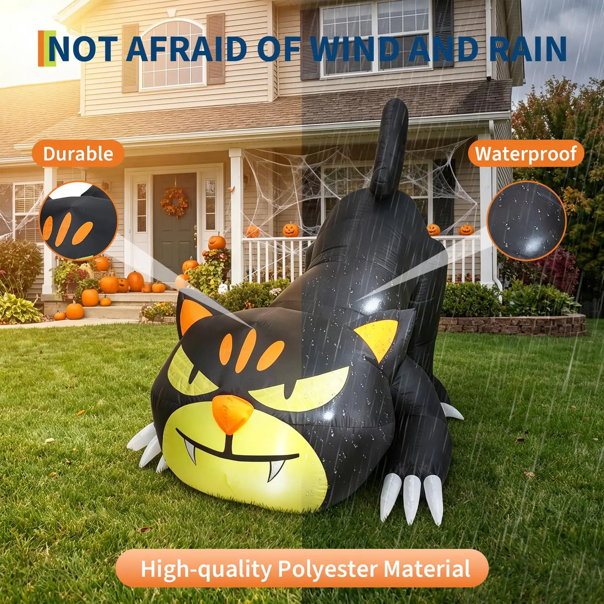 7ft Halloween Inflatable Crawling Black Cat Outdoor Yard Decor With 3 Led Lights, Blower, Stakes & Ropes For Lawn Garden Porch