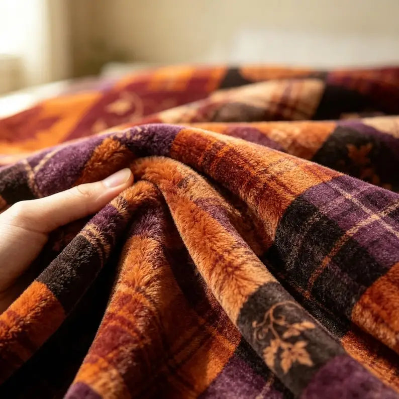 Patchwork Flannel Throw Blanket, Autumn Plaid Pumpkin Maple Leaf, Rustic Harvest Home Decor