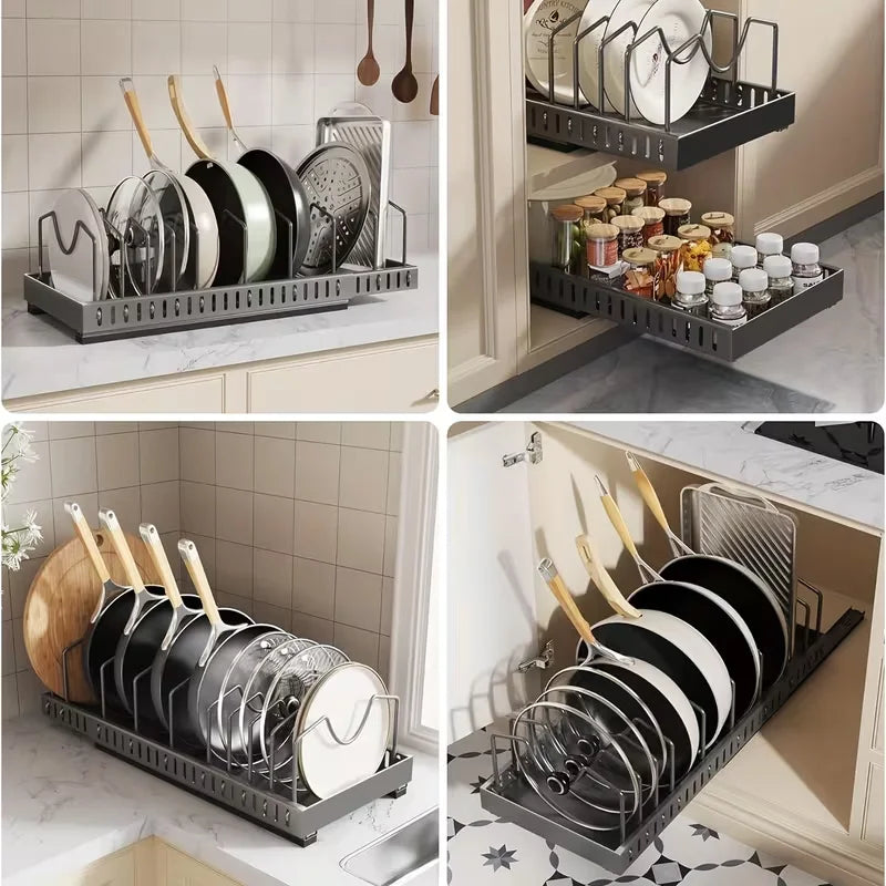 Adjustable Pull out Cabinet Storage Organizer Sliding Pot Lid Pan Rack for Kitchen - Dividers for Lids Bakeware & Plates
