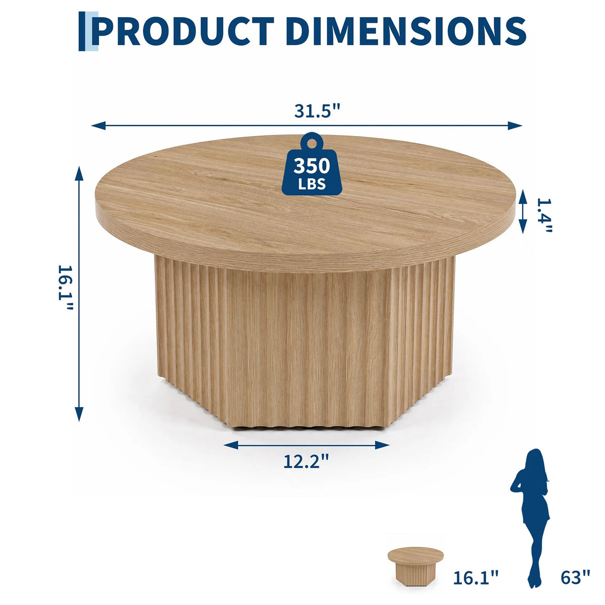 HiMISS Round Fluted Drum Coffee Table Modern Wood Pedestal