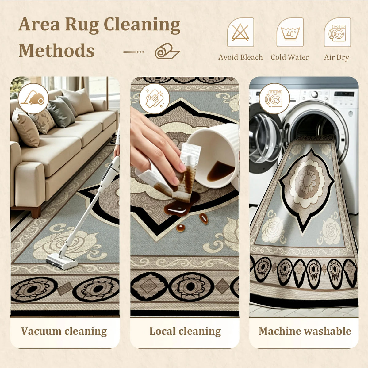 Ornate Floral Geometric Pattern Velvet Area Rug, Machine Washable Floor Carpet, Suitable for Living Room, Bedroom, Dining Room, Ideal for Halloween, Thanksgiving, Black Friday, Cyber Monday, Christmas, New Year Home Decor