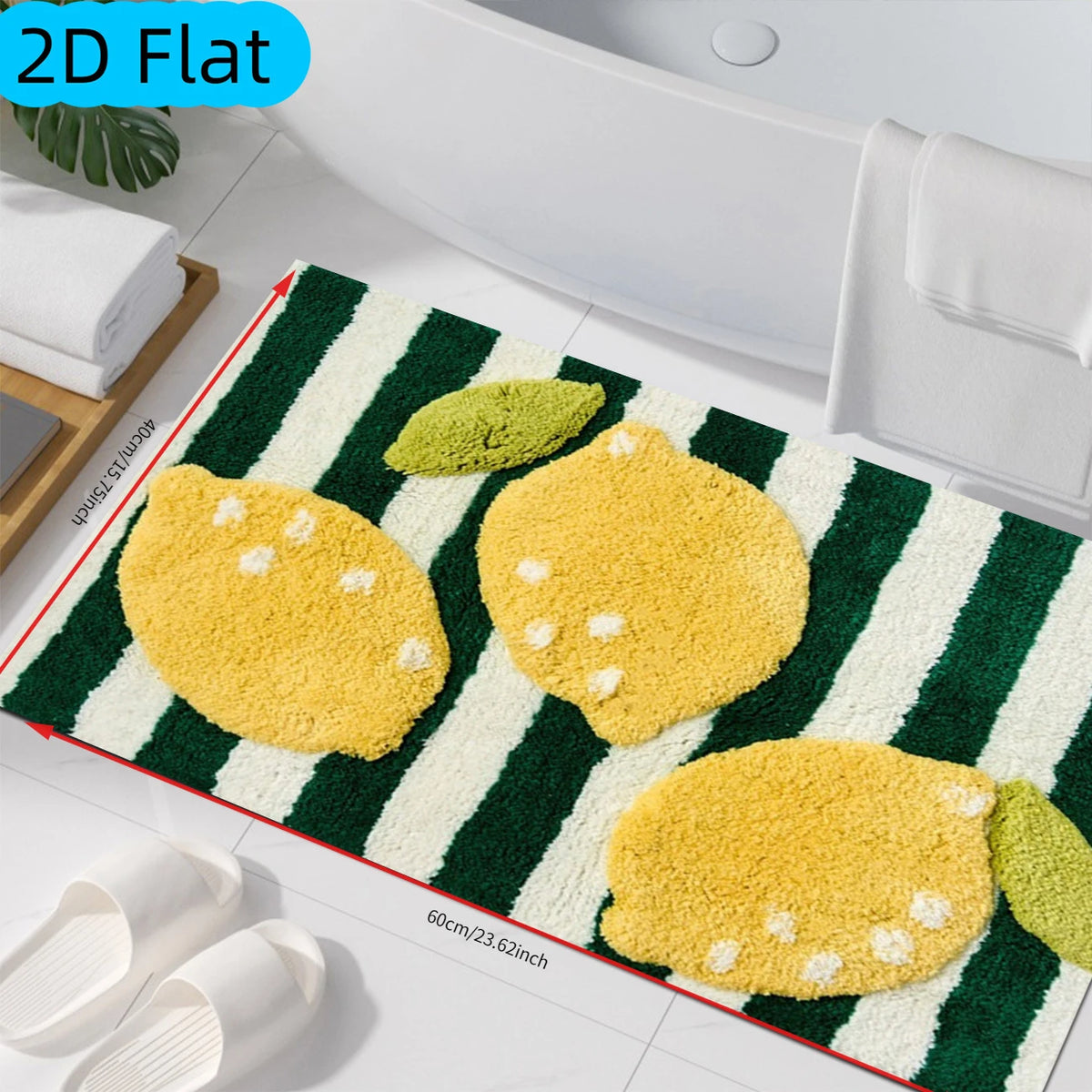 [2D Flat]1pc Green And White Striped with Lemon Pattern Bathroom Mat, Velvet Material, Short Pile, Non-Slip, Absorbent, Suitable for Bathroom Anti-Slip