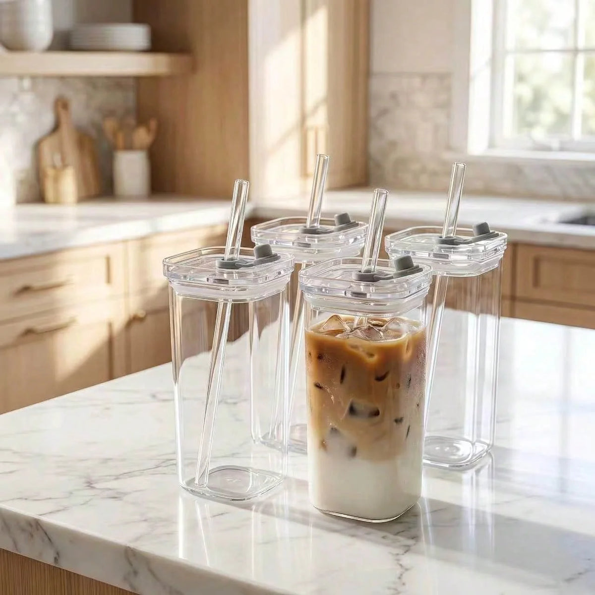 Square Heat Resistant Glass Coffee Mugs With Lids And Straws