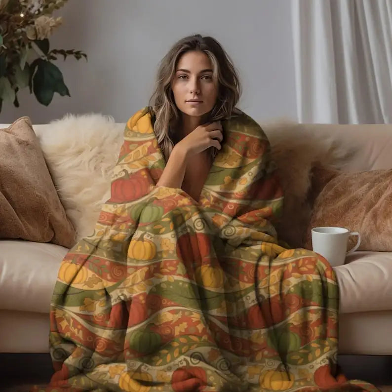 Autumn Harvest Blanket, Pumpkin Wave Throw, Fall Farmhouse Bedding, Orange Pumpkin Throw, Autumn Wave Blanket, Harvest Season Gift