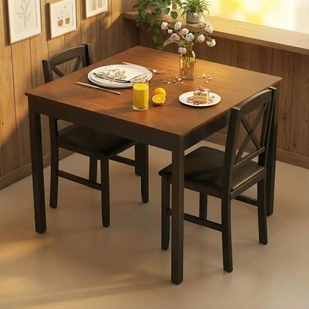 -Century ern Dining Table Set or 2, Wooden Kitchen Table & 2 Chairs with Padded Seats, 3-Piece Compact Dining Set or Small Space