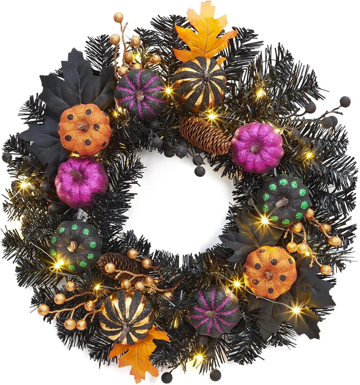 Tacleekii Halloween Pumpkin Wreath 20 Inch Pre Lit Wreath with LED Lights Maple Leaves and Berries Halloween Front Door Hanging Decor