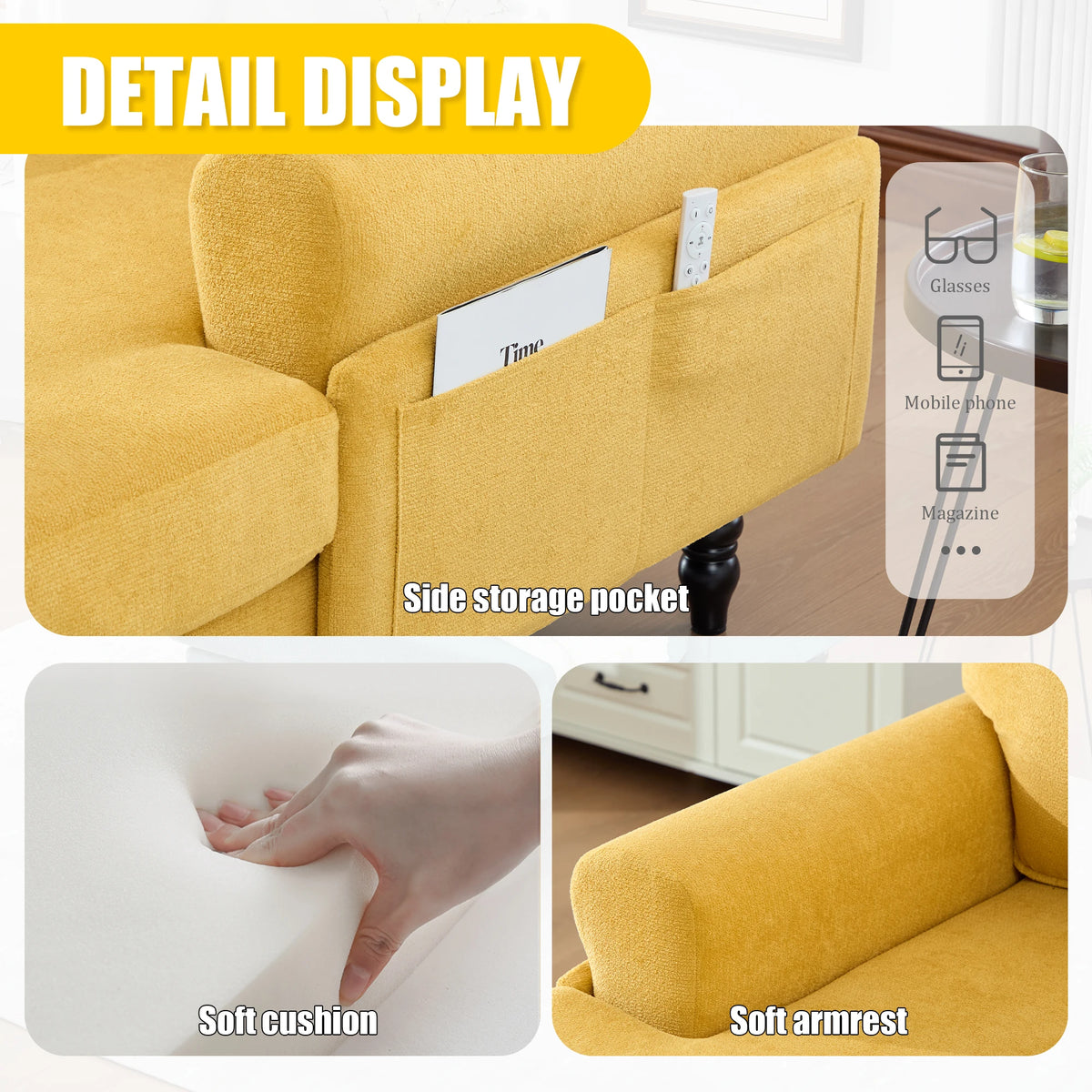 49.4-inch Modern Minimalist Chenille Fabric Single Sofa With Comfortable Backrest and Armrests Featuring Side Storage Pockets Suitable For Living Room Bedroom or Office