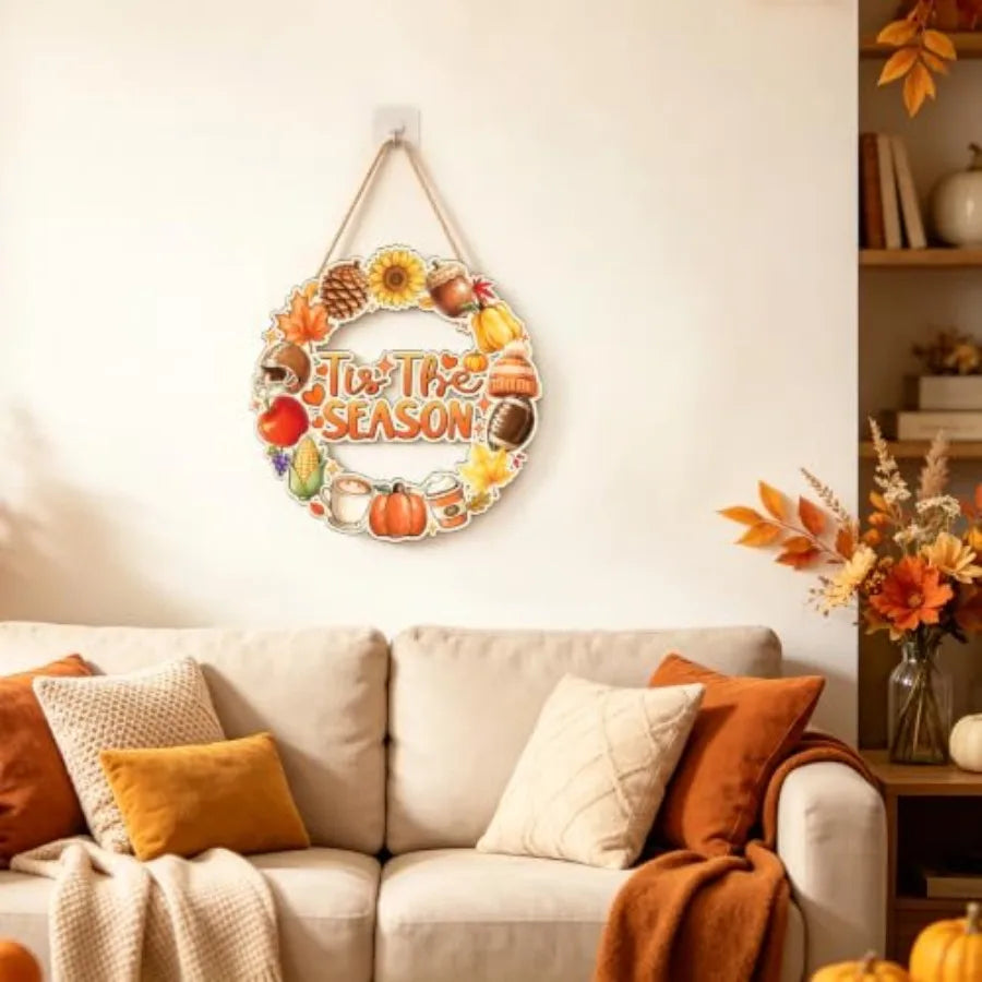 Fall Door Decor - Fall decorations Door Sign Thanksgiving Wreath for Front Door Hanger Tis the Season Autumn Hanging Sign Woode