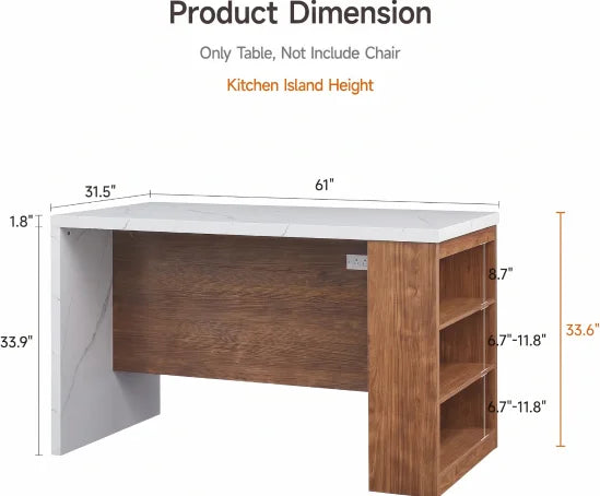 ONBRILL 61 x 31 Inch Kitchen Island Table for 4, Modern White Marble-Look One-Piece Tabletop, 1.8-Inch Thick Top, RGB LED Light, 2 AC Outlets, 2 USB Ports & 3-Tier Adjustable Shelf for Kitchen Dining Room Home Office