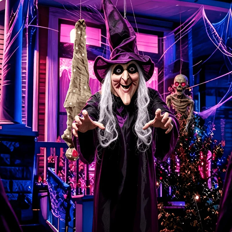 3D Halloween Glowing Witch Decoration Life Size Human Height Oversized Standing Design Black Gauze Robe Pumpkin Lantern Porch Scene Display Terrifying Holiday Atmosphere