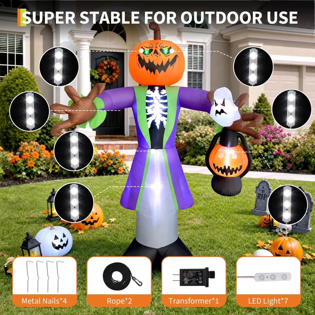 8FT Halloween Inflatable Pumpkin Zombie With Lantern And 7 LED Lights, Outdoor Toy Yard Decoration For Lawn Porch Party Garden