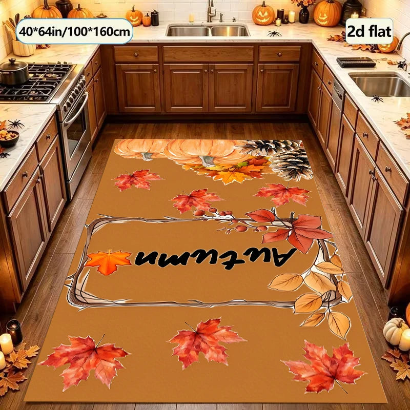 Autumn Maple Leaf Area Rug, Brown Base with Fall Leaves Print, Warm Seasonal Vibe for Entryway Living Room Autumn Decor
