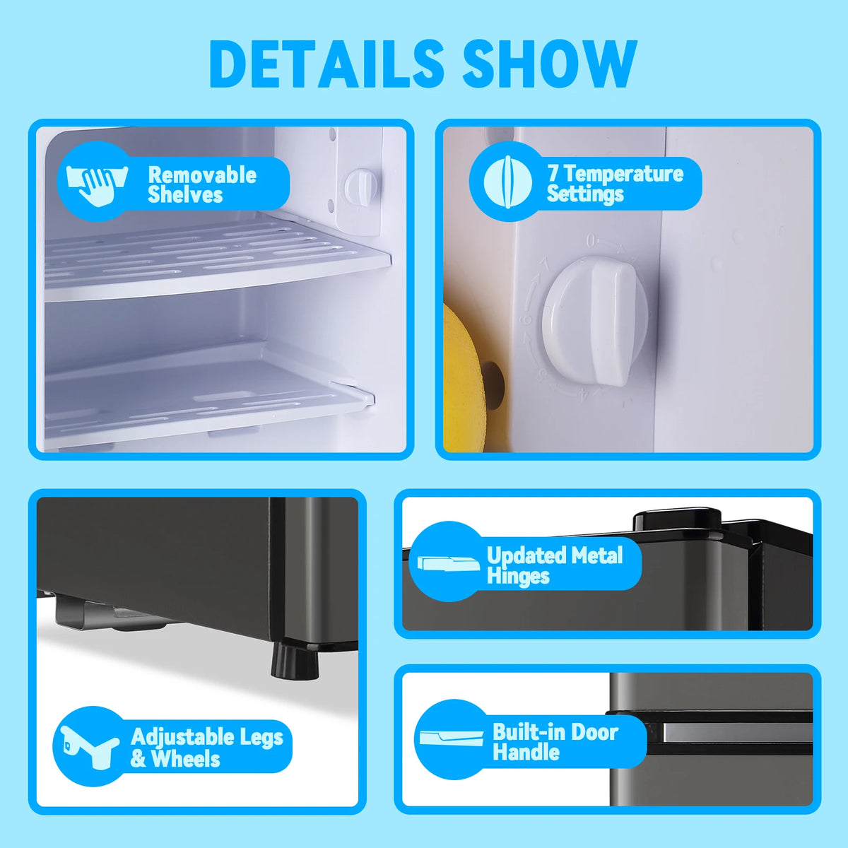 Mini Fridge with Top Freezer 2.0 Cu.ft Two Door Small Grey Refrigerator for Personal Use Includes Egg Tray