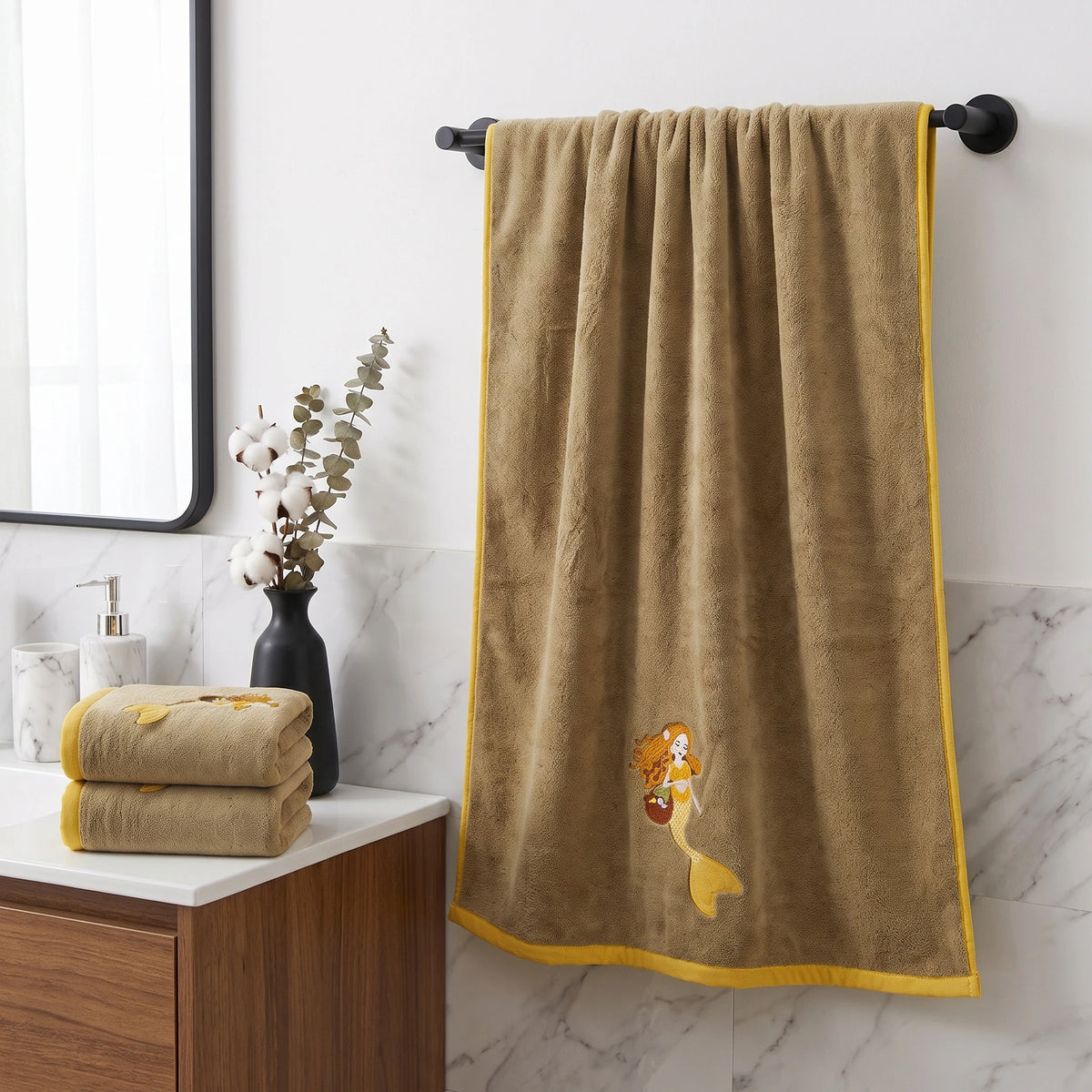 2‑Pack Coral Velvet Bath Towels, Mermaid Embroidered Pattern, Soft & Cozy, High Water Absorbency, Ideal for Bathing, SPA, Swimming, Yoga, Salon Use
