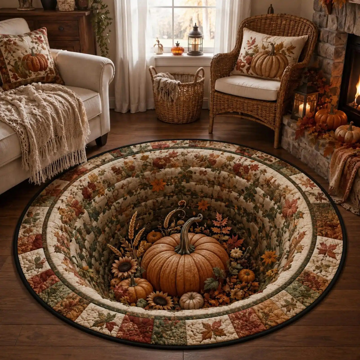 1PC Autumn Harvest Pumpkin 2D Illusion Circular Carpet, Thanksgiving Retro Maple Leaf Pattern Printed Carpet, American Rural Home Decoration, Suitable for Living Room, Bedhead, Bedroom, Home Floor Mat, Festival Party