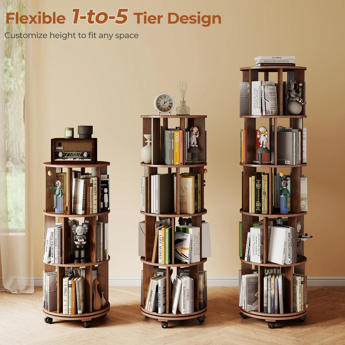 Walnut Wood Rotating Bookshelf on Wheels 360° Spinning Round Bookcase Organizer for Small Spaces Bedroom Kids Room Home Office