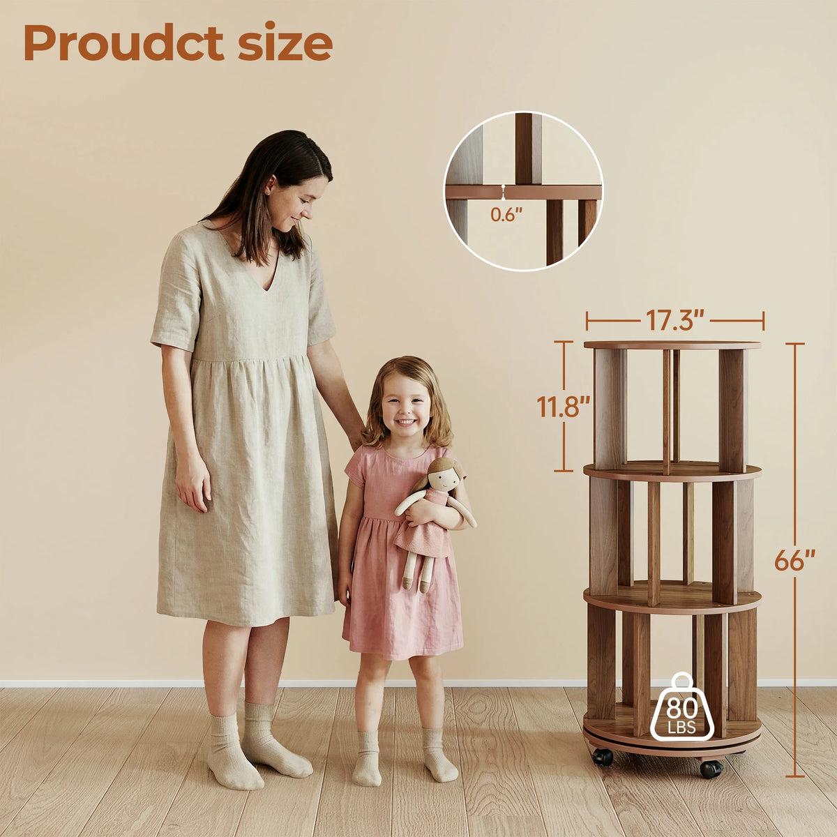 Walnut Wood Rotating Bookshelf on Wheels 360° Spinning Round Bookcase Organizer for Small Spaces Bedroom Kids Room Home Office