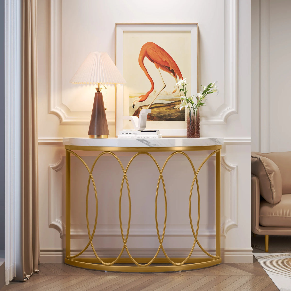 Tribesigns Modern Half Moon Console Table With Geometric Metal Frame