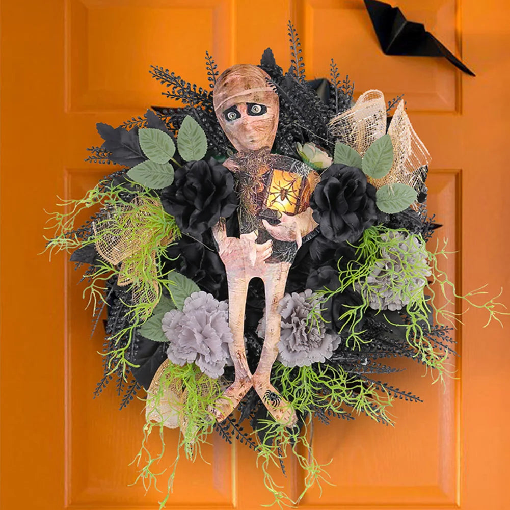 Halloween Mummy Wreath Window Hanging Ornament Spooky Halloween Scary Mummy Welcome Wreath Sign for Halloween Decorations
