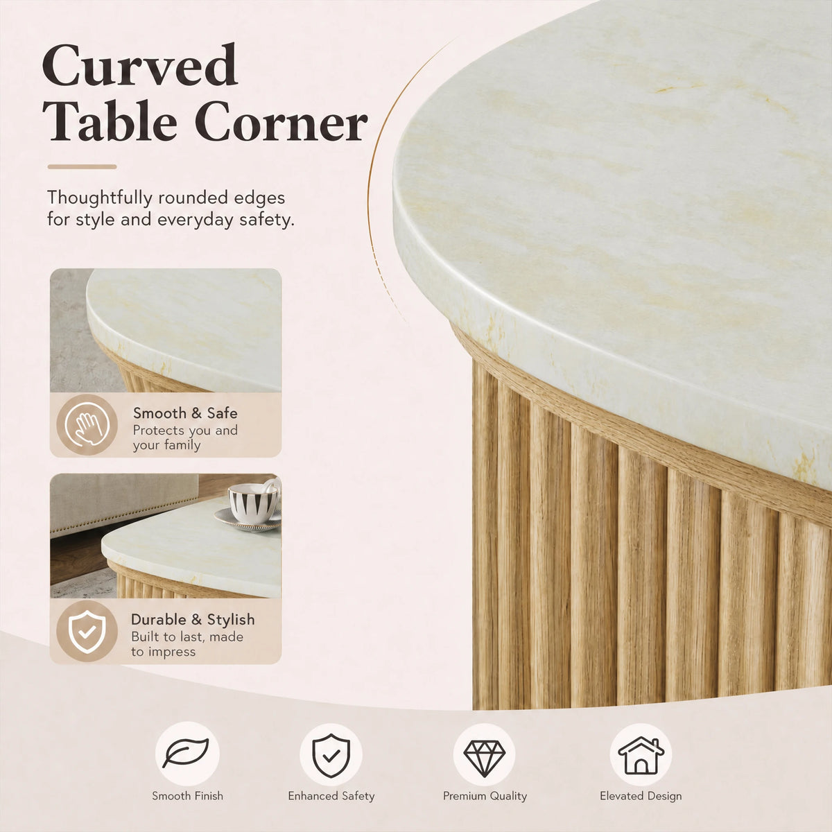 Oval Fluted Lift Top Coffee Table With Hidden Storage