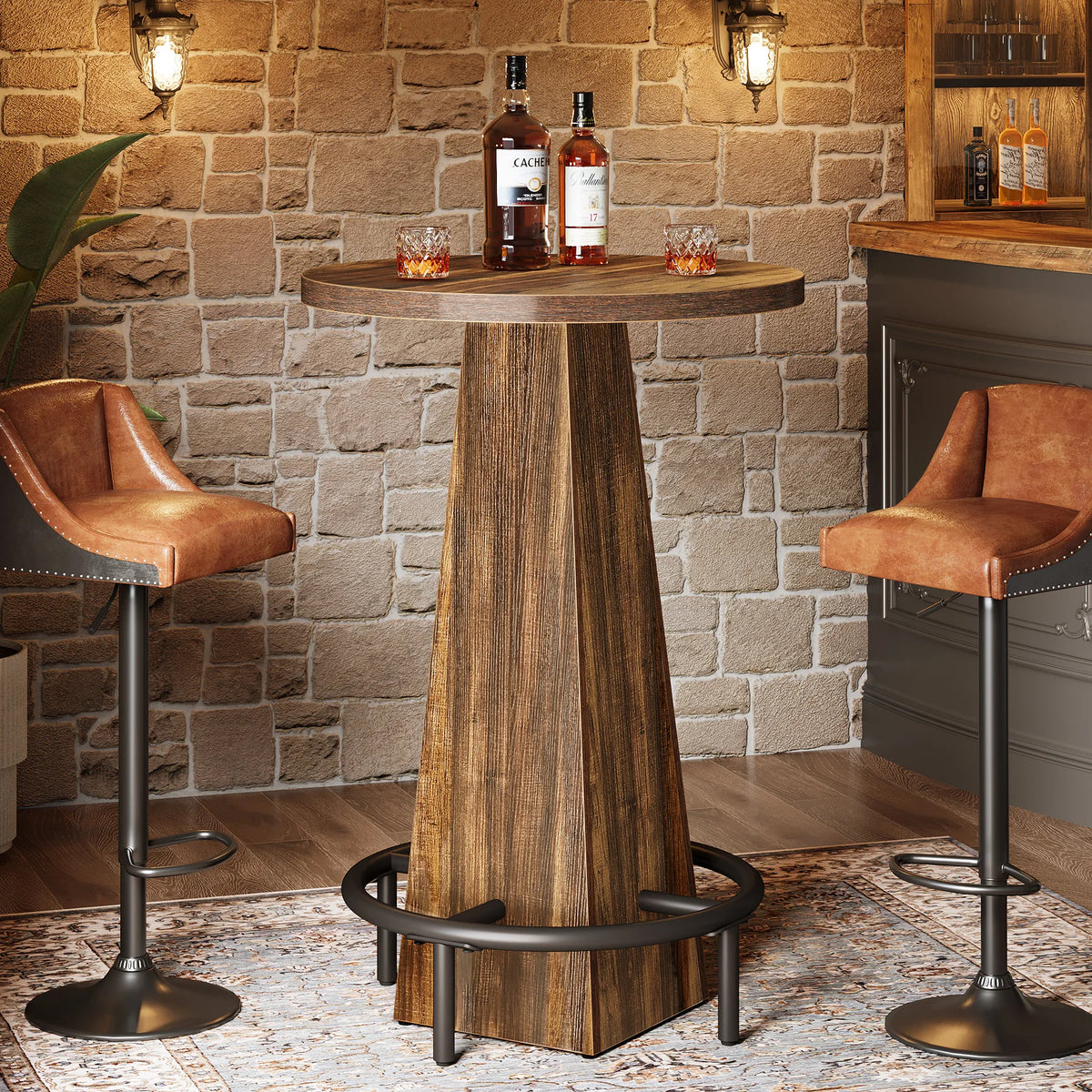 Tribesigns Round Bar Table, 37.4" High Pub Table with Metal Footrest, Drink Bar Station for Small Bars, Dining Room, Kitchen, Brown (Only Table)