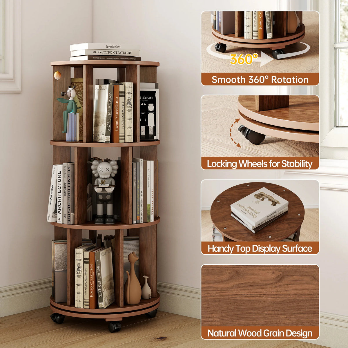 Walnut Wood Rotating Bookshelf on Wheels 360° Spinning Round Bookcase Organizer for Small Spaces Bedroom Kids Room Home Office