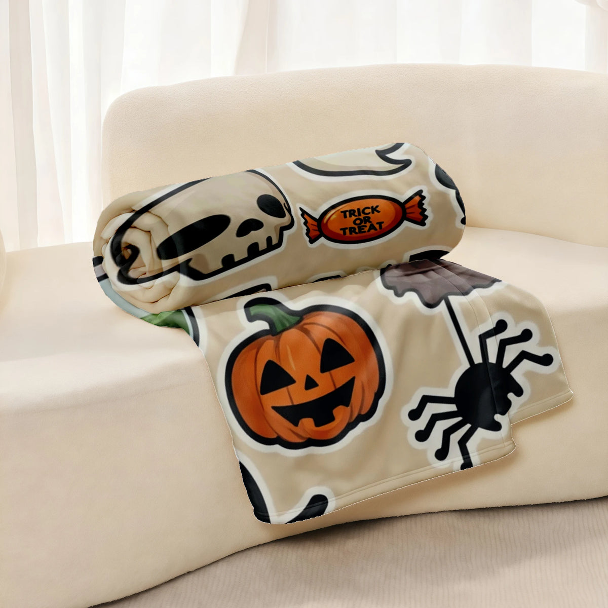Halloween Cartoon Sticker Flannel Blanket, Festive Jack-O'-Lantern Ghost And Black Cat Pattern on Beige, Soft Warm All-Season Throw for Home Decor, Machine Washable Holiday Gift for Trick Or Treat Celebrations