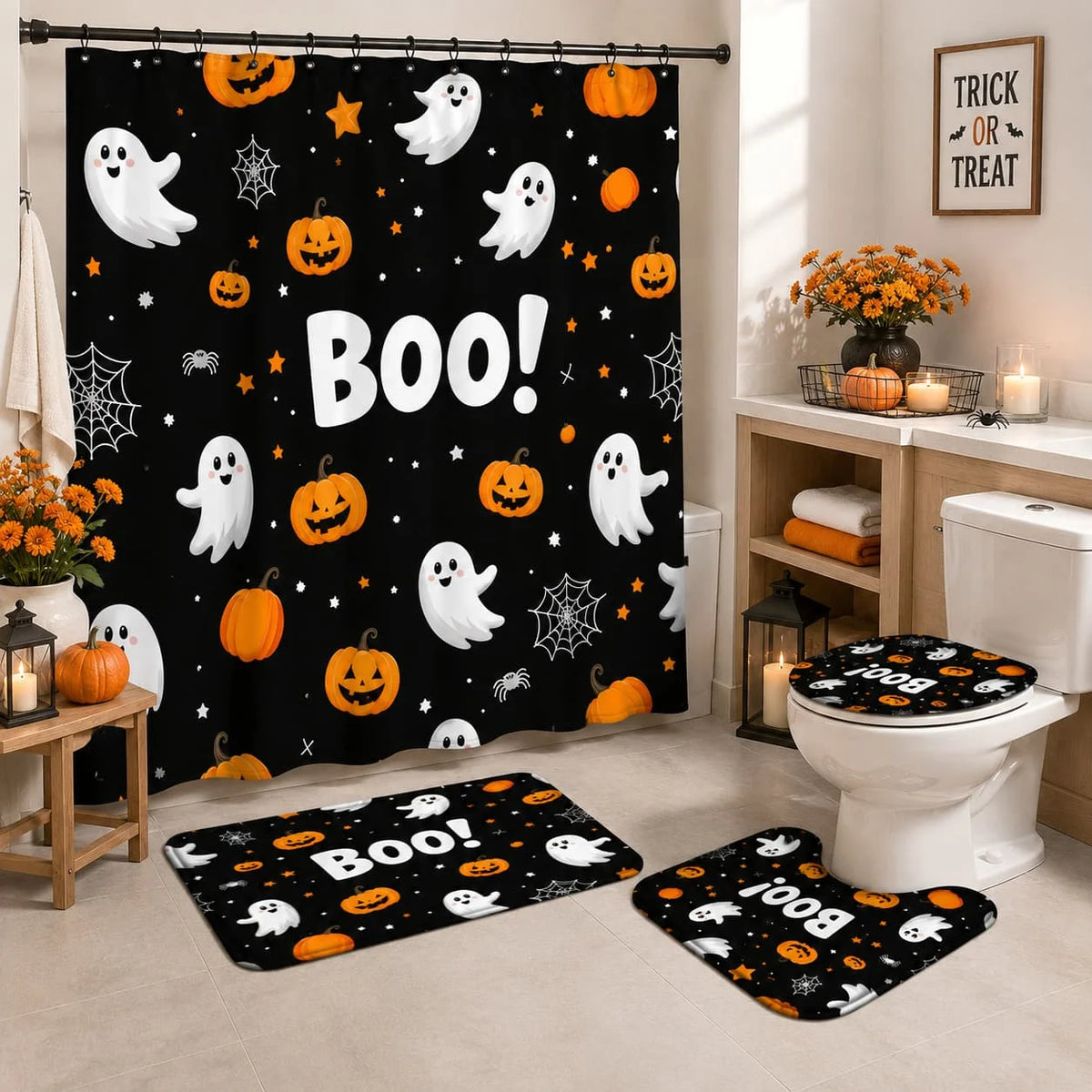 4pcs Halloween Boo Pumpkin Lantern Ghost Shower Curtain Set, Halloween Decor Bathroom Curtain Set with 12 Hooks Included Non-Slip Bathroom, Toilet U-Shaped, Toilet Lid Cover, Bathroom Additions Halloween Gift