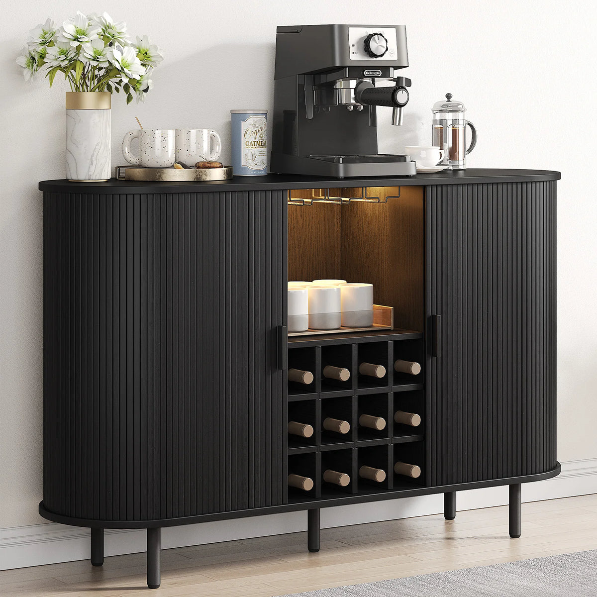 Wine Bar Cabinet w/ LED Light,Liquor Cabinet for Home,Coffee Bar Cabinet w/ Wine Rack & Glass Holder,Walnut Buffet Sideboard