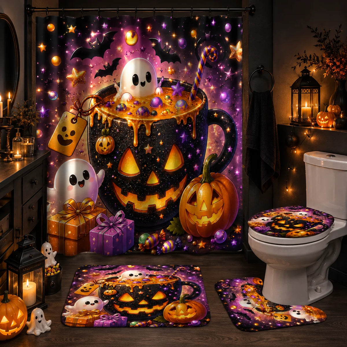 4pcs Halloween Glitter Star Pumpkin Mug Cute Ghost Candy Gift Box Shower Curtain Set, Halloween Decor Bathroom Curtain Set With 12 Hooks Include Non-Slip Bathroom, Toilet U-Shape, Toilet Lid Cover, Fashion Bathroom Accessorie