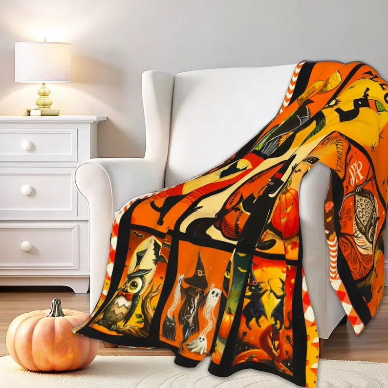 Vintage Halloween Flannel Blanket, Ghost Pumpkin Trick or Treat Woven Throw