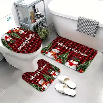 Christmas Bathroom Mat Set, Buffalo Plaid Snowman Bath Rug Non-Slip Toilet Seat Cover Set, Merry Christmas Home Decor