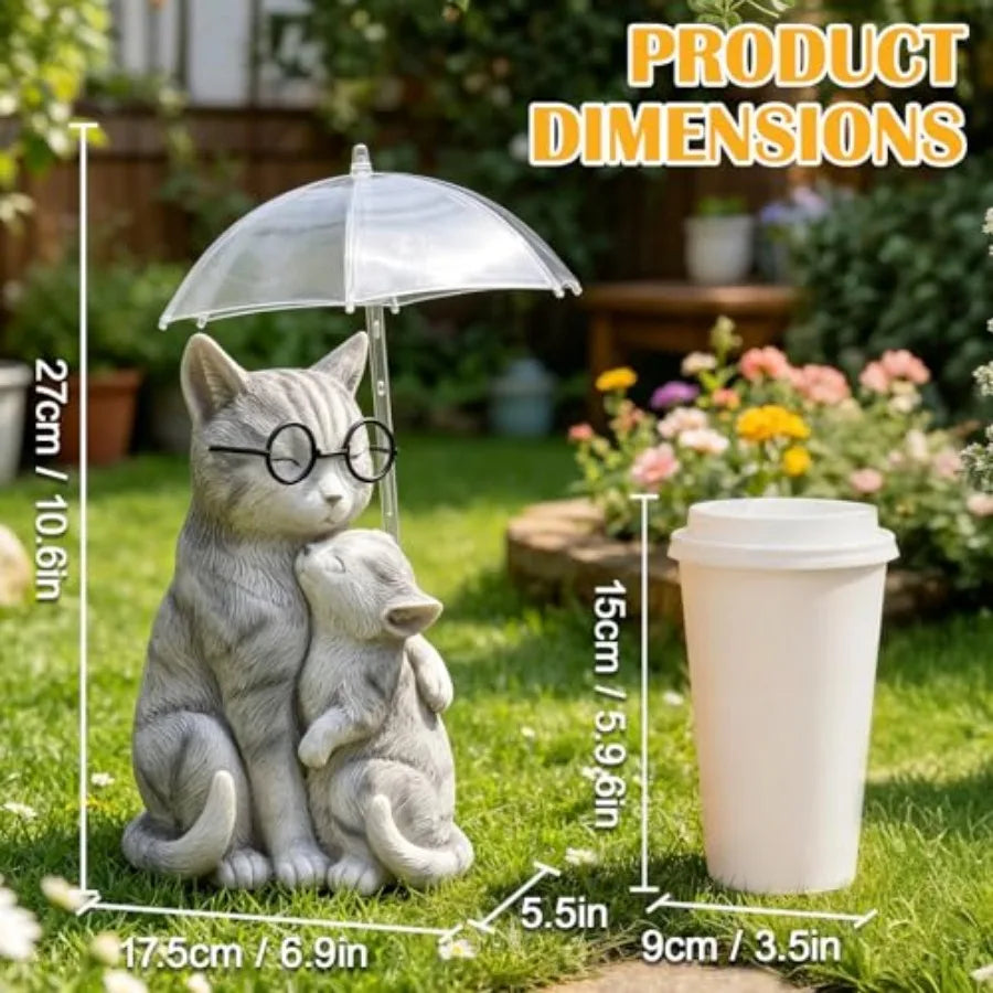 Solar Cat Statue Garden Decor, Mother and Baby Kitten with Umbrella LED Light, Loving Cat Figurines Yard Decorations Outdoor fo