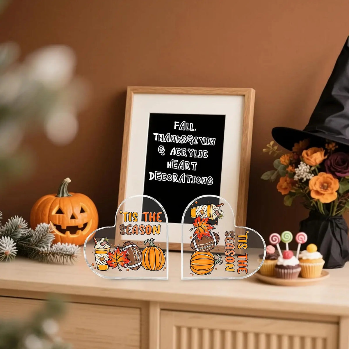 Cute Cartoon Fall Harvest Graphic Heart‑Shaped Acrylic Ornament, Autumn Thanksgiving Tabletop Decoration