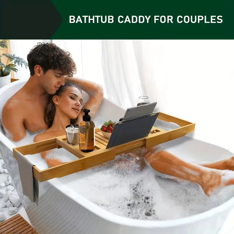 Expandable Bamboo Bathtub Tray, Adjustable Spa Bath Caddy Table with Wine Holder & Book Stand, Premium Bath Tray Fits Most Bathtubs