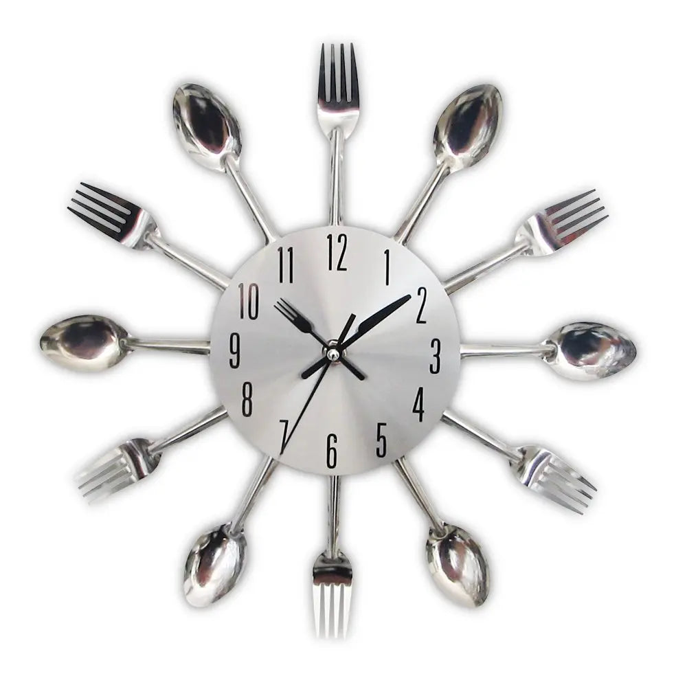 Kitchen Wall Clock, 3D Removable Modern Creative Cutlery Kitchen Spoon Fork  Clock Mirror  Decal Wall Sticker R