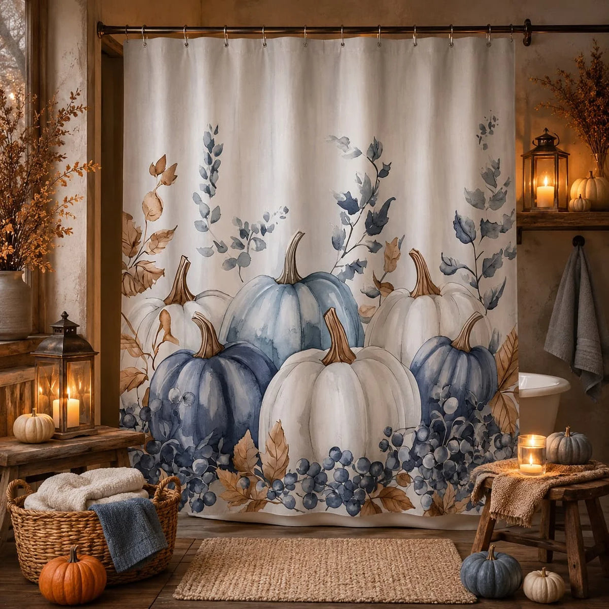 2D Flat, 1pc 2D Flat Shower Curtain, Halloween Pumpkin Creative Blue And White Pumpkin And Autumn Leaf Pattern Adds Fun And a Sense of Season.Bathroom Decoration Fabric Includes 12 Hooks