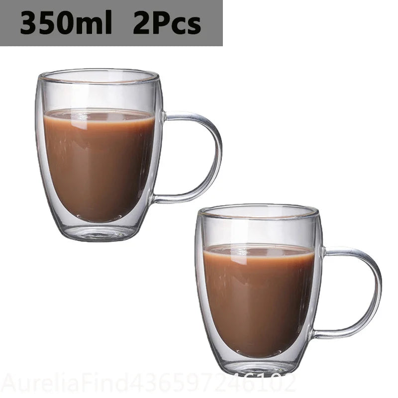 150/250/350/450ml Heat‑Resistant Double‑Wall Transparent Glass Mug For Coffee Tea Milk Whiskey Wine Cold‑Beverage Household Drinkware
