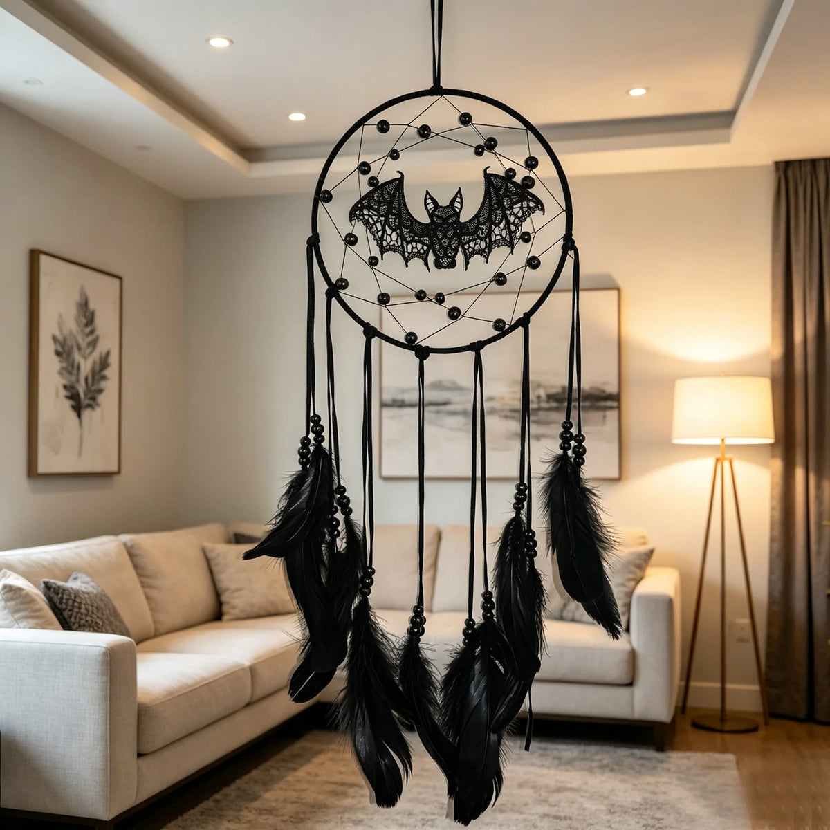 Halloween Gothic Black Dreamcatcher with 5 Bat Ornaments - Wall Hanging for Witchy Home Outdoor Decor, Halloween Bat Decor, Dark Gothic Gift, Goth Wall Hanging Decor