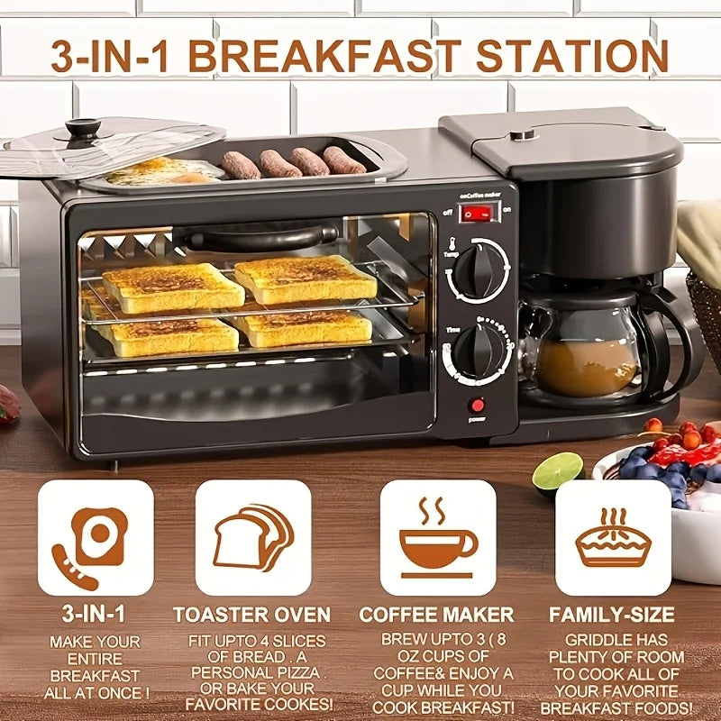 3-in-1 Breakfast Machine with Automatic Shutoff Non-Stick Coating for Easy Cleaning Sear Eggs Toast Bread Make Coffee Timer Function