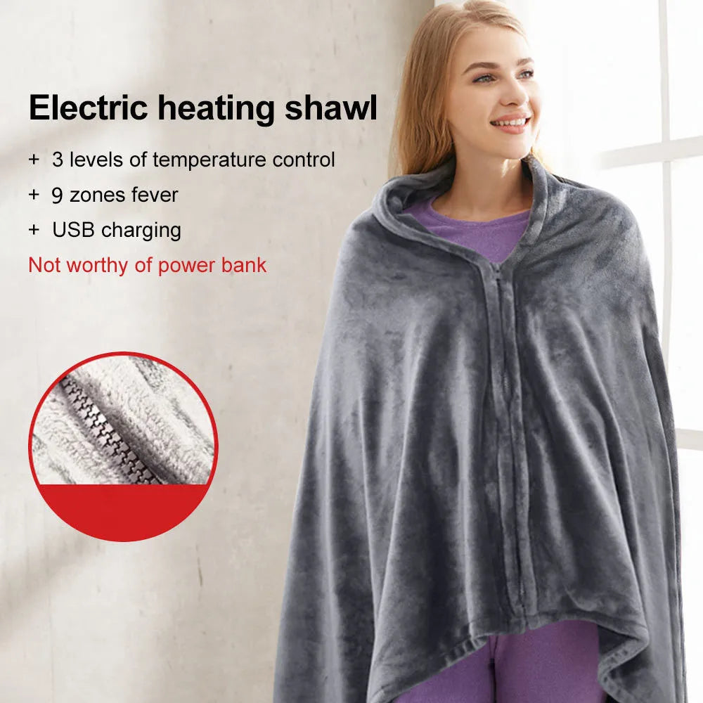 Coral Velvet Heating Blanket, 3 Heat Levels, Fast Heating USB Heating Shawl, 9 Heated Zones, Portable Thermal Blanket for Winter