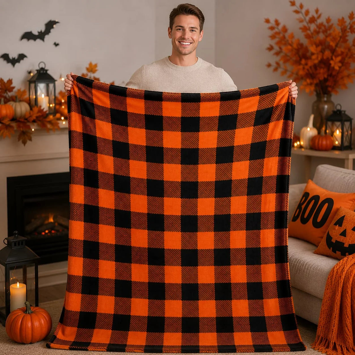 BEDELITE Halloween Throw Blanket for Decor & Gift, Orange & Black, 50"x60"