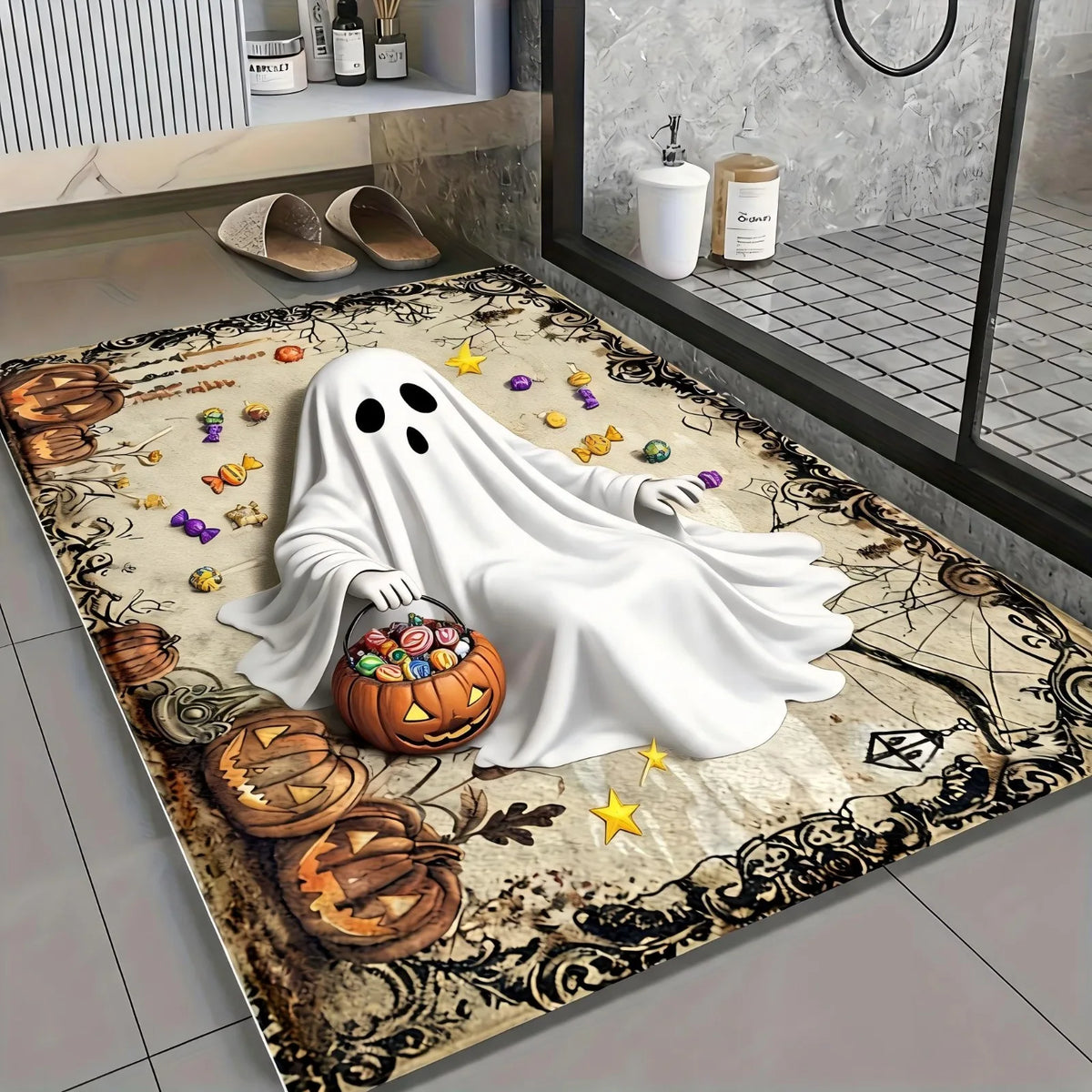 1pc 2D Flat Halloween Bathroom Mat Microfiber Non-slip Mat, Wicked Witch Pattern, Imitation Cashmere Material, Machine Washable, Halloween Decoration, Suitable for Kitchen, Bathroom, Shower, Can Be Given as a Gift, 2D Flat