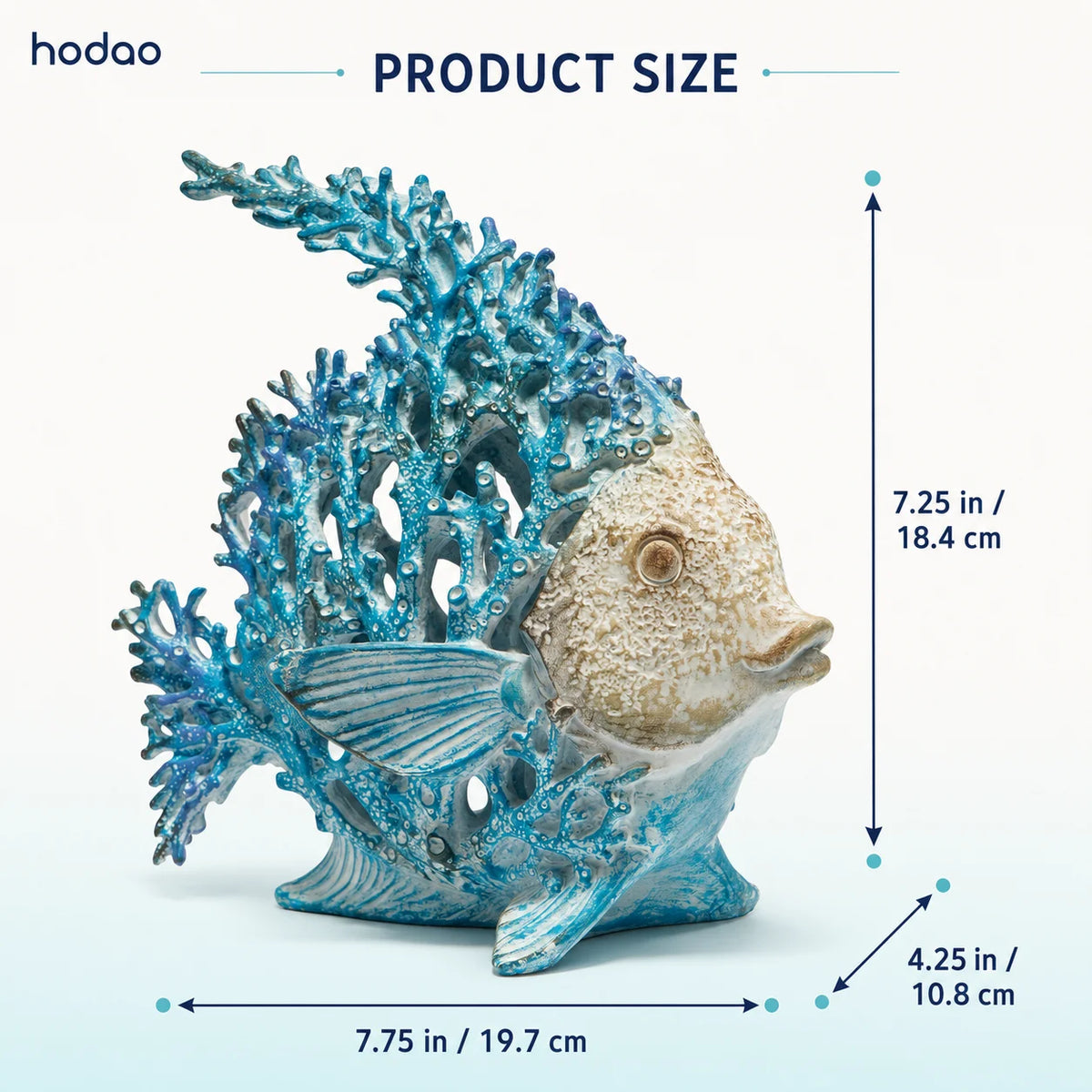 Hodao 7.75 Inch Resin Coral Reef Fish Figurine, Hand-Painted Blue and Ivory Angelfish Sculpture with Stone-Textured Finish, Coastal Ocean Sea Life Decor for Beach House, Living Room, Bathroom, Bookshelf, Tabletop, Office Desk