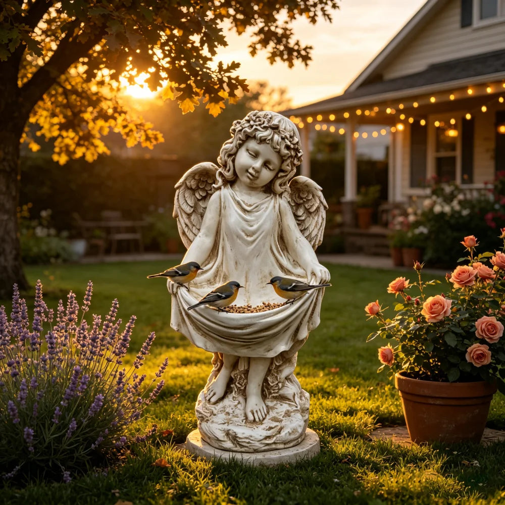 21.06" Tall Weathered Angel Cherub Garden Statue, Resin Dress Sculpture Figurine, Decorative Outdoor Yard Lawn Patio Backyard Landscape Ornament Decoration