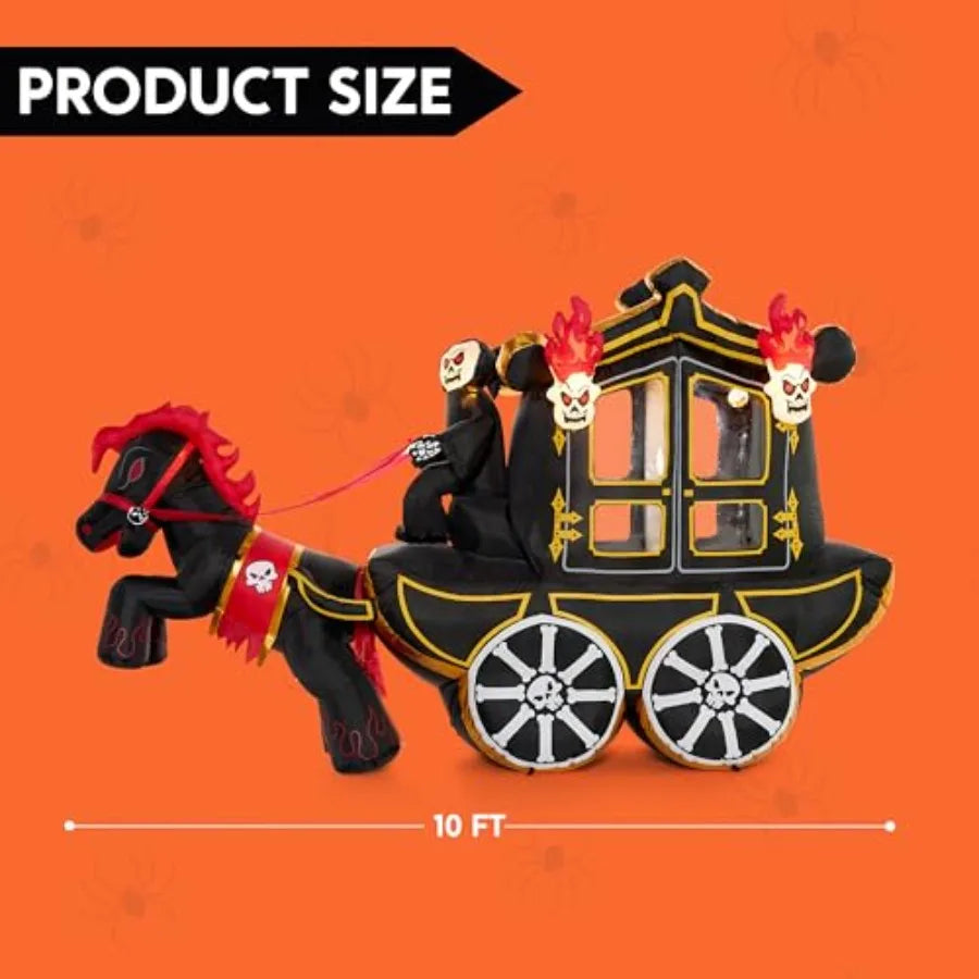 Outdoor Halloween inflatable carriage decoration, PVC material, black and red, 10 ft long with built-in LEDs and hellfire desig