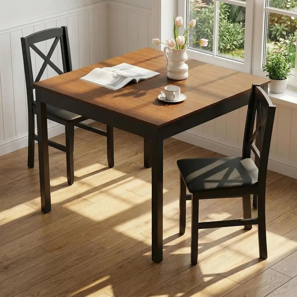 -Century ern Dining Table Set or 2, Wooden Kitchen Table & 2 Chairs with Padded Seats, 3-Piece Compact Dining Set or Small Space